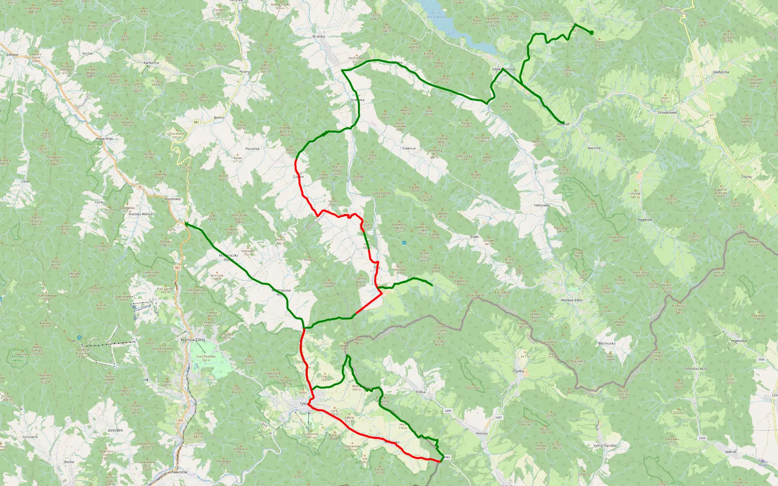 Mapa trasy 1 dzien Krzyżówka - Oderne - 40 km trasy offroad, Powiat Nowosądecki