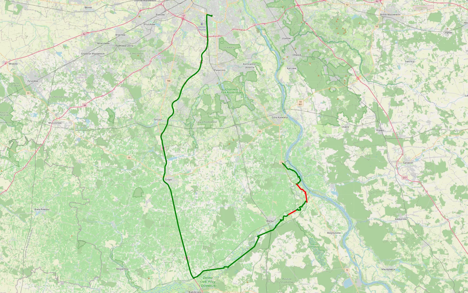 Mapa trasy Potycz - Służew - 20.7 km trasy offroad, Powiat Grójecki