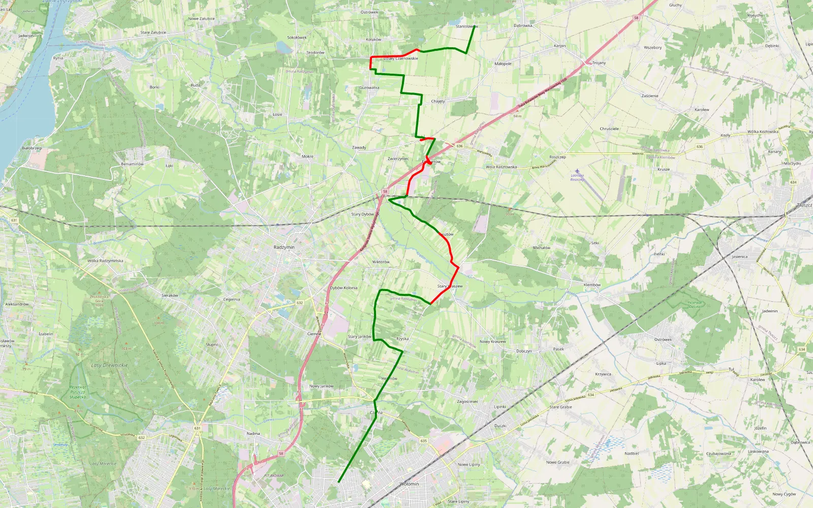 Map of Czarna-Stanisławów - 22.3 km offroad trail, Wołomin County