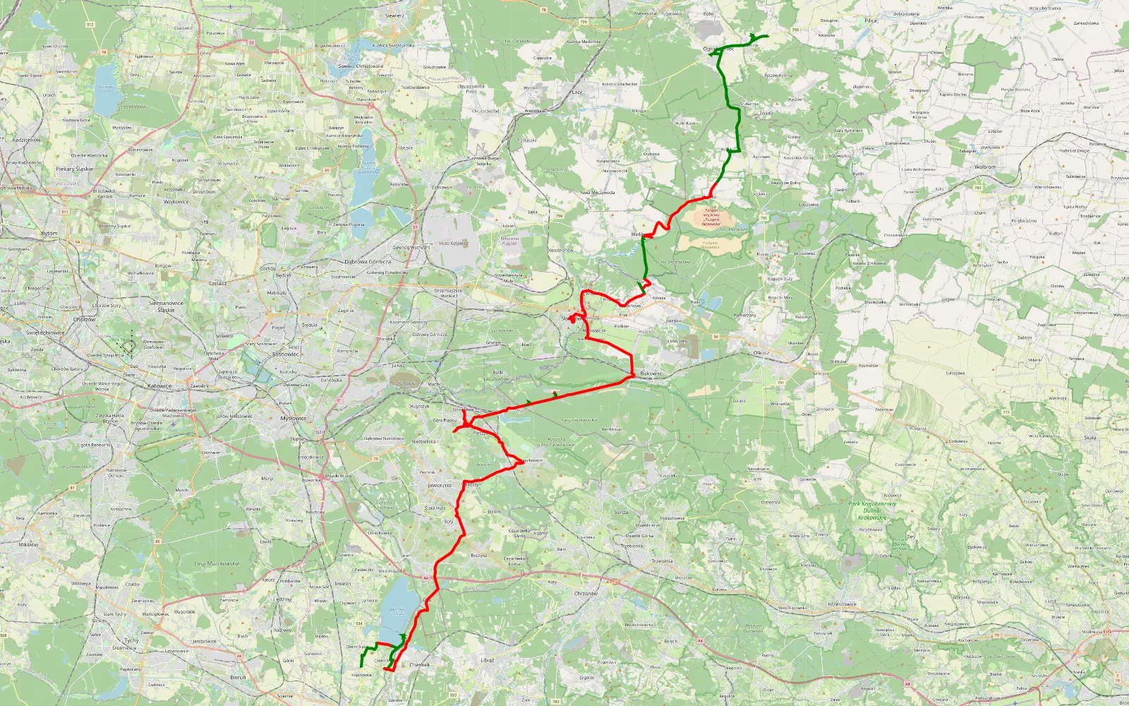 Mapa trasy Trasa offroad 78.3 km, Powiat Olkuski - 78.3 km trasy offroad, Powiat Olkuski