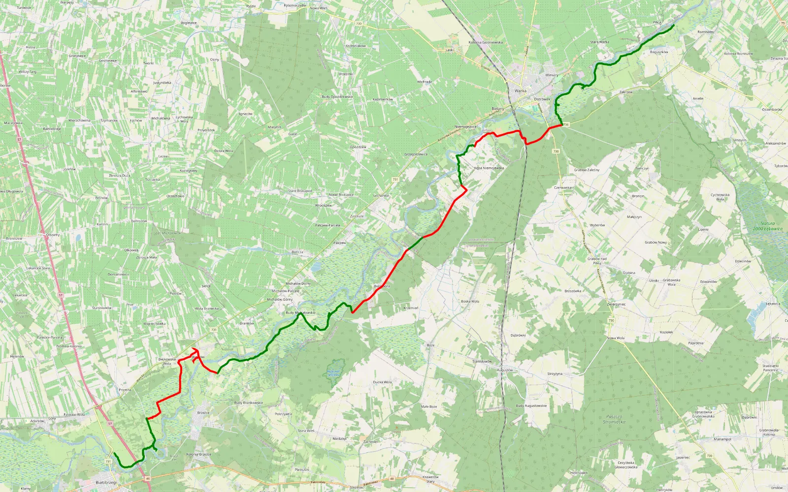 Mapa trasy Pilica - Białobrzegi - 40 km trasy offroad, Powiat Grójecki