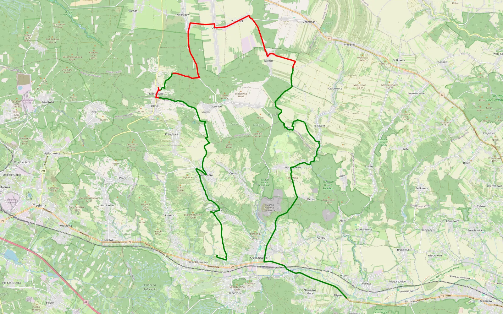 Mapa trasy Tenczynek - Młynka - 25.7 km trasy offroad, Powiat Olkuski