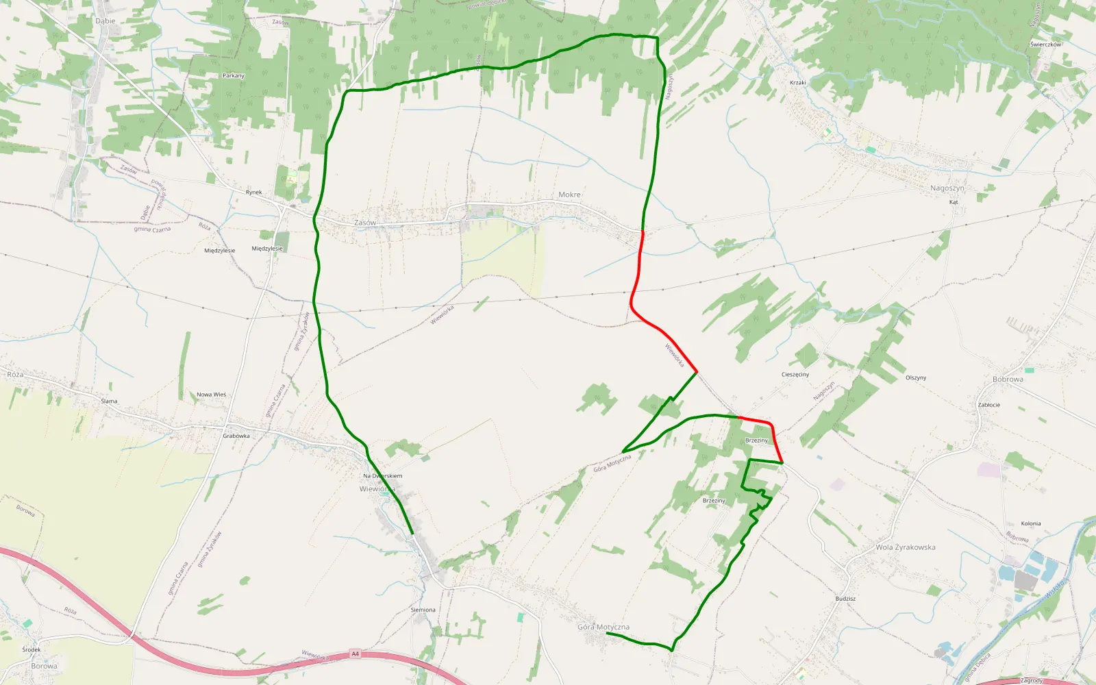 Mapa trasy Góra Motyczna - Ciesięciny - - Mokre -Wiewiórka - 13.1 km trasy offroad, Powiat Dębicki