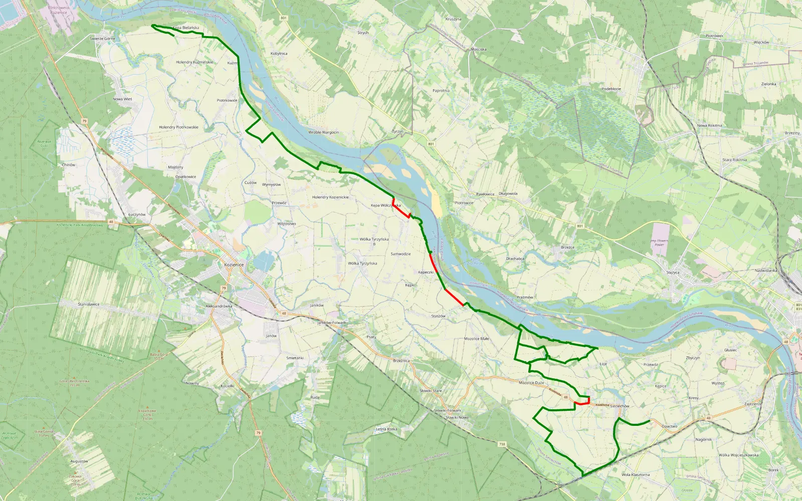 Mapa trasy Holendry Kuźmińskie - Opactwo - 36.9 km trasy offroad, Powiat Kozienicki