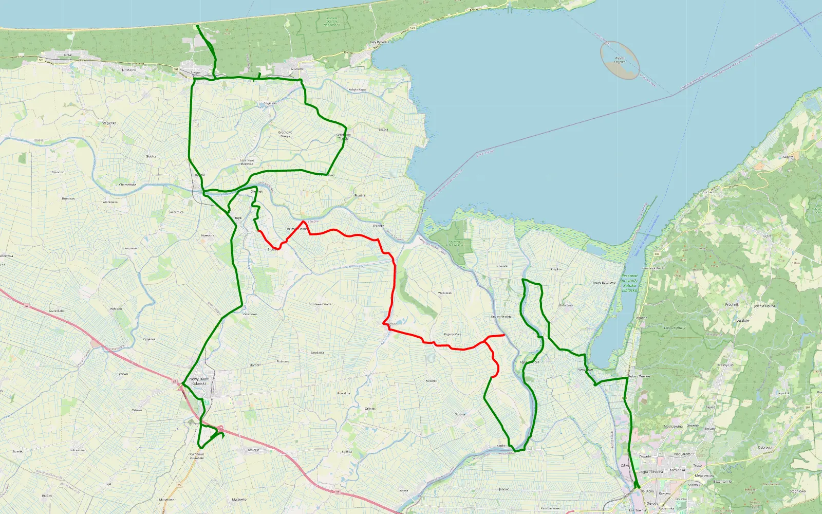 Mapa trasy Elbląg-Zawada - Kobbelgrube - 25.7 km trasy offroad, Powiat Nowodworski