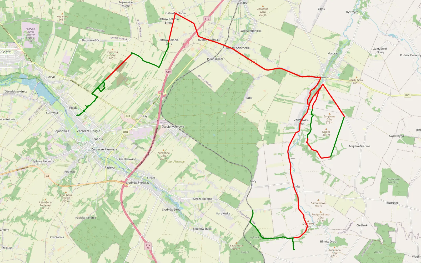 Mapa trasy Karpiówka - Piaski - 40.2 km trasy offroad, Powiat Kraśnicki