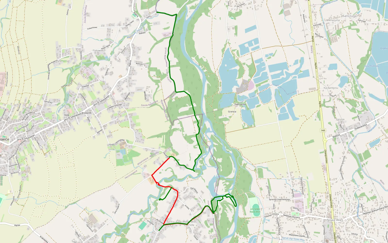 Mapa trasy Sola - 6.9 km trasy offroad, Powiat Bielski