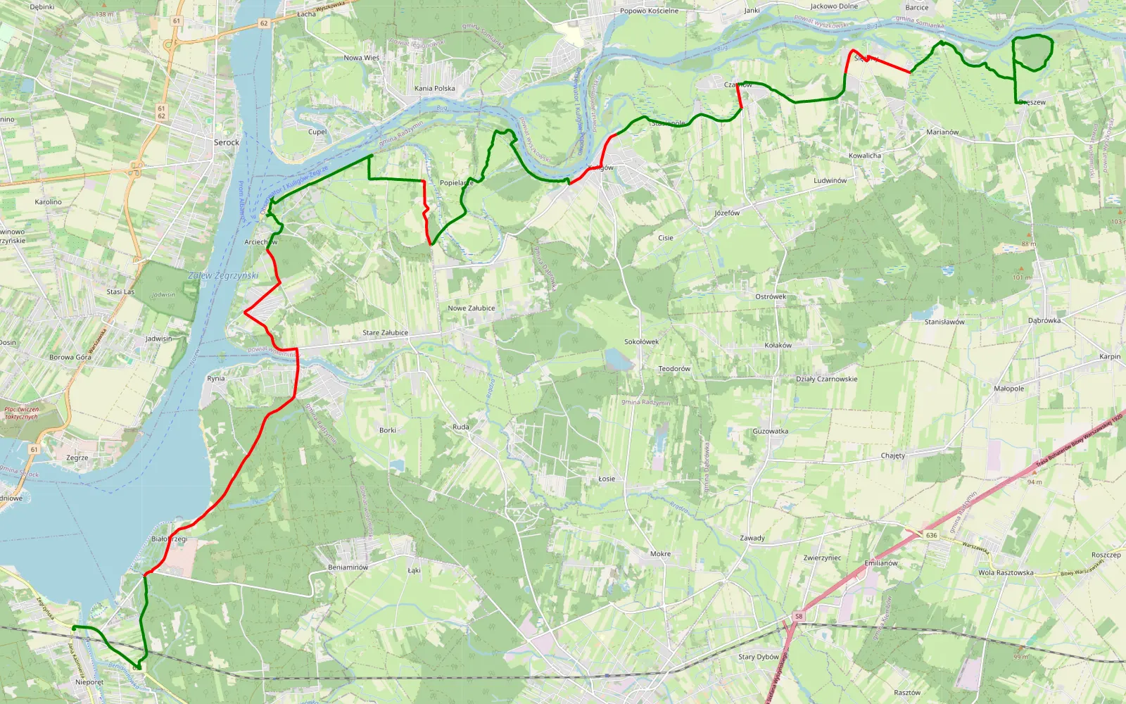 Mapa trasy Nieporęt - Dręszew - 36.5 km trasy offroad, Powiat Wołomiński