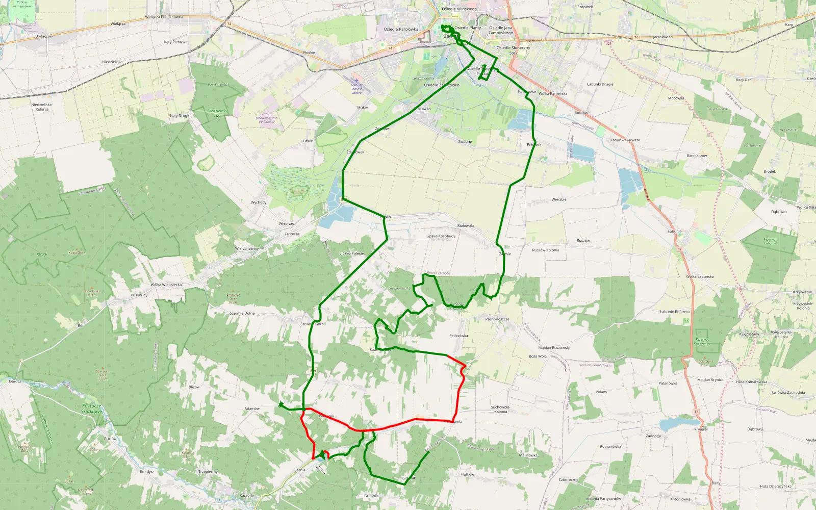 Mapa trasy Zamość off - 33.4 km trasy offroad, Powiat Zamojski