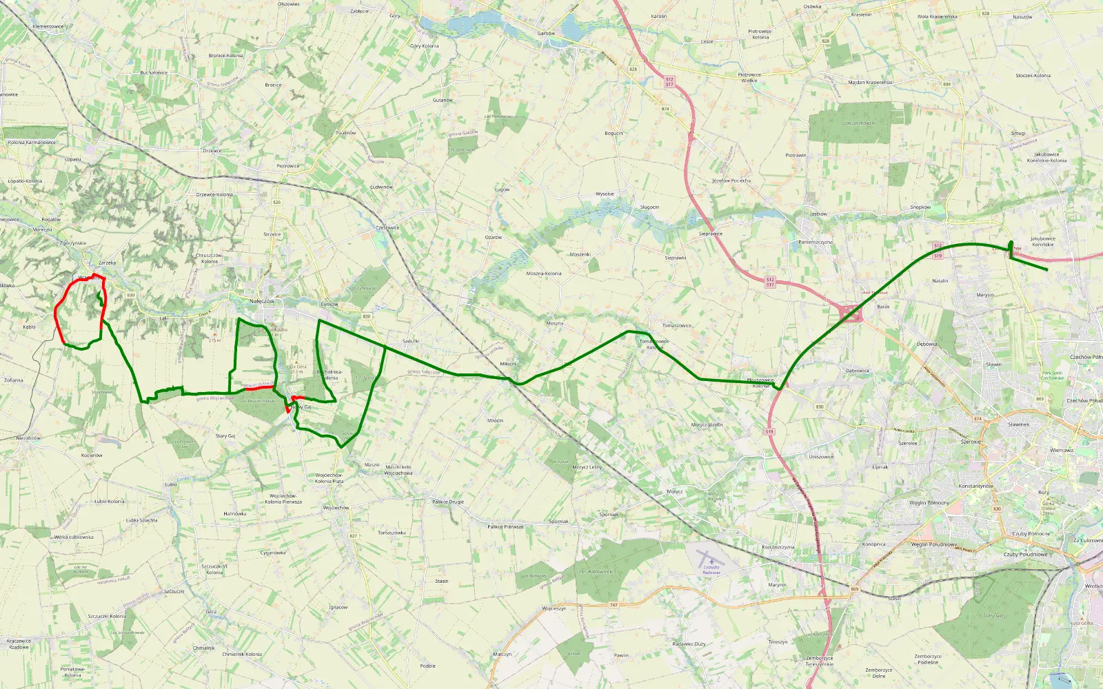 Mapa trasy Marysin - Miłocin - 25.6 km trasy offroad, Powiat Puławski