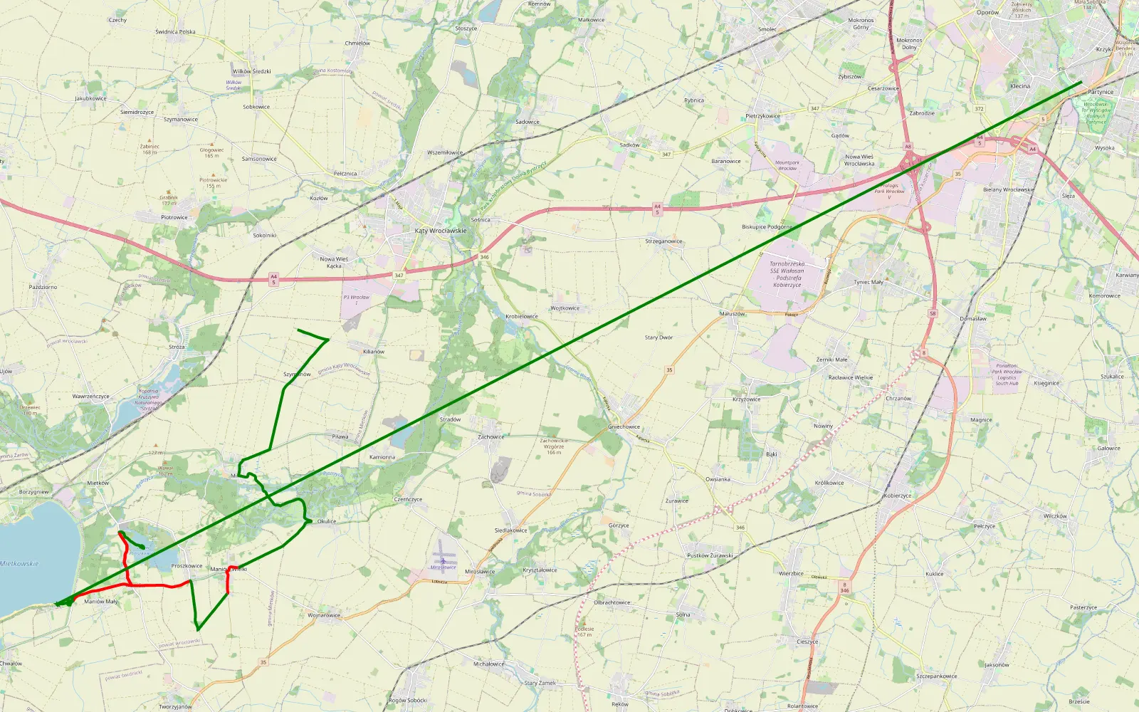 Mapa trasy Kilianów - Krzyki-Partynice - 16 km trasy offroad, Powiat Wrocławski