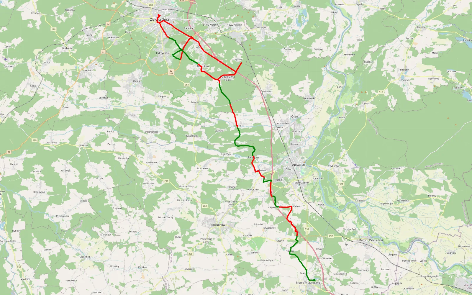 Map of Jędrzychów - Nowe Miasteczko - 67.6 km offroad trail, Zielona Góra