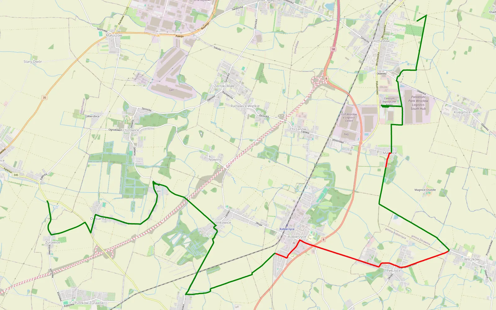 Mapa trasy Domasław - Żurawice - 10.9 km trasy offroad, Powiat Wrocławski