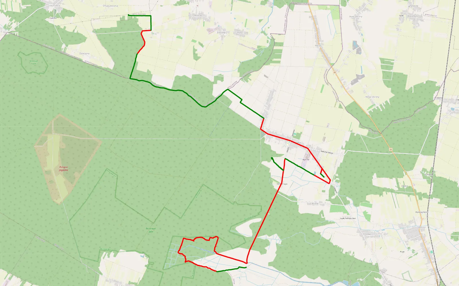 Mapa trasy Kolonia Śmiary - Parcele Dąbie - 27.4 km trasy offroad, Powiat Łukowski