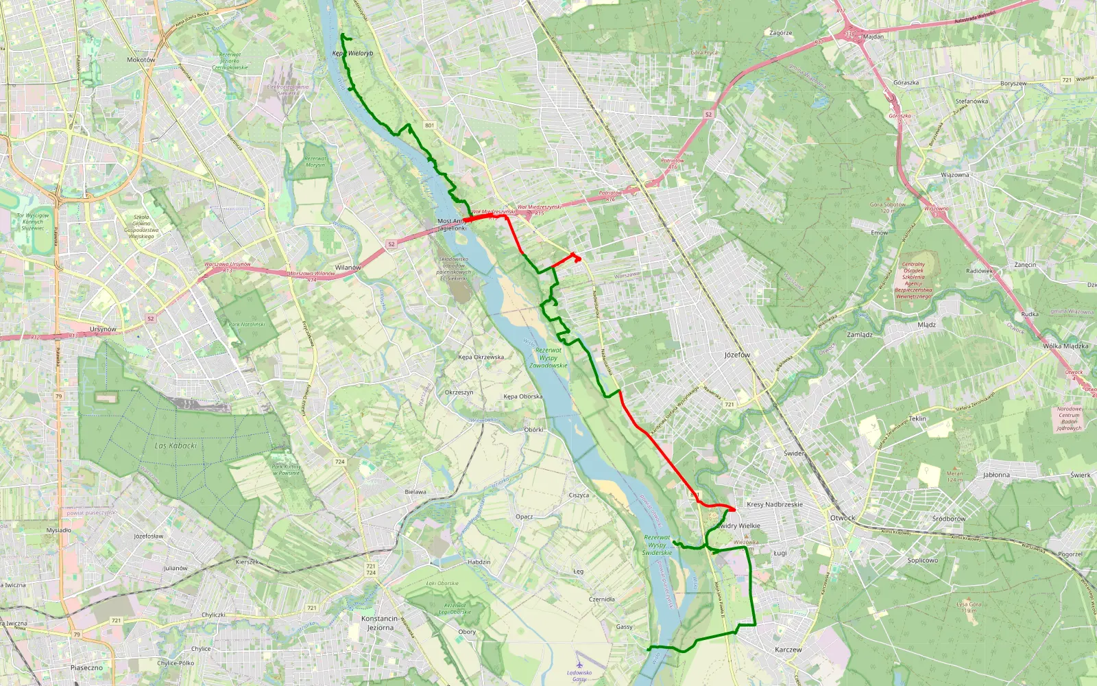 Mapa trasy Zbytki - Gąssy - 27.9 km trasy offroad, Warszawa