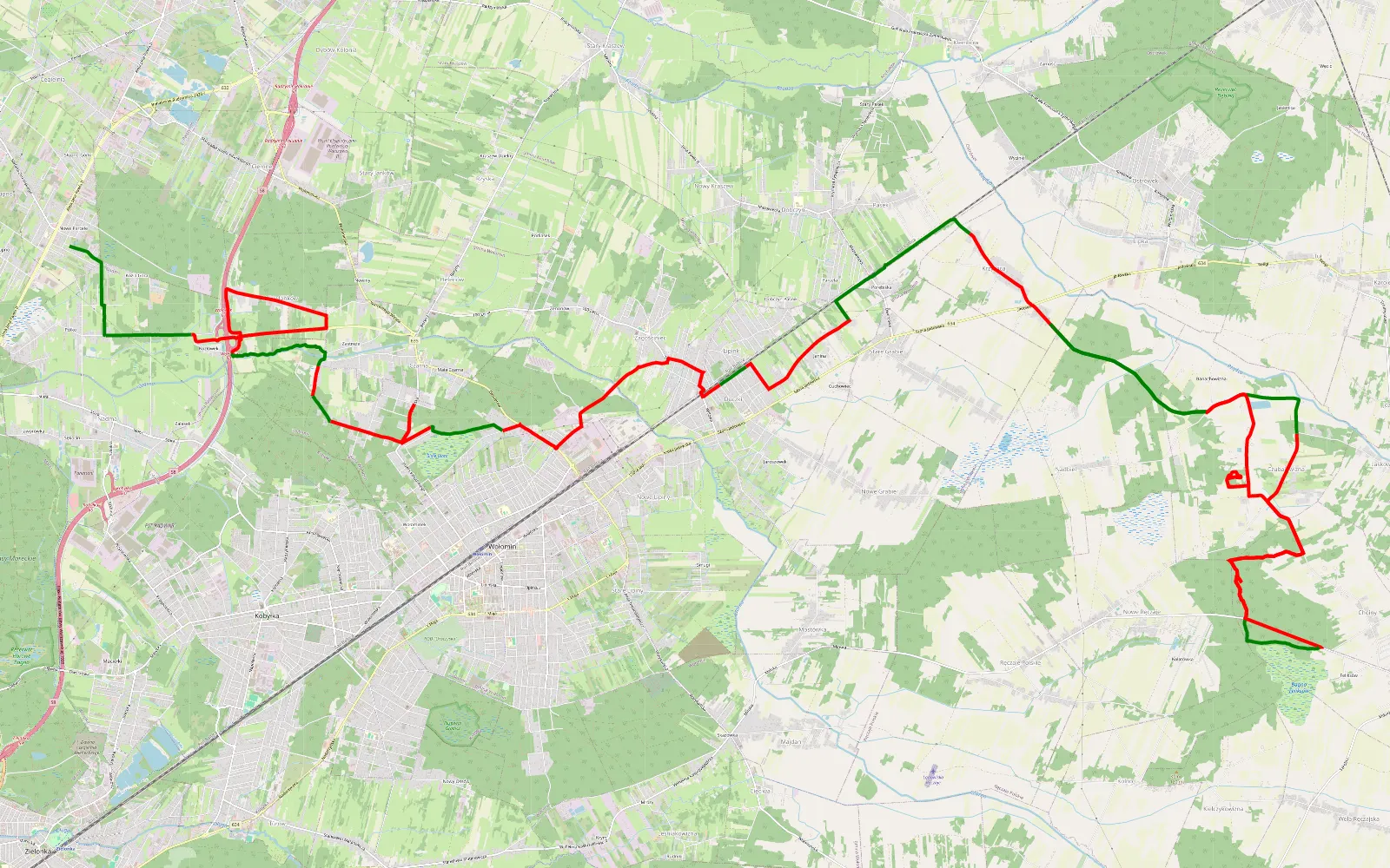 Mapa trasy Słupno - Krzywica - 40.9 km trasy offroad, Powiat Wołomiński