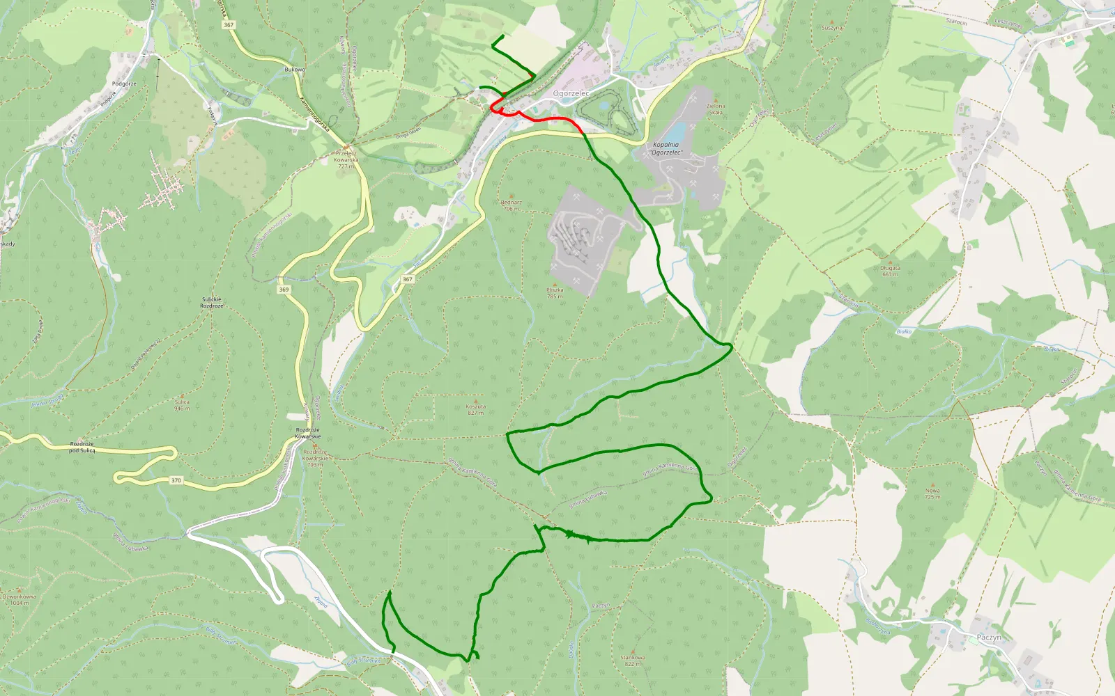 Mapa trasy Paczyn - Ogorzelec - 10.6 km trasy offroad, Powiat Kamiennogórski