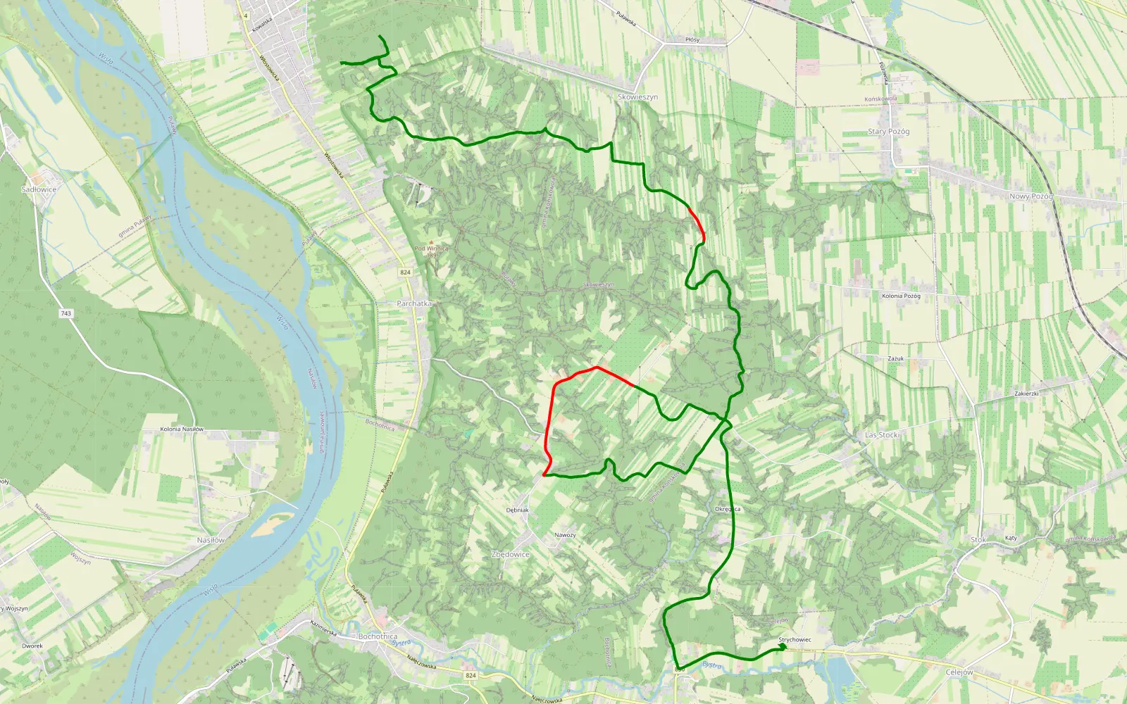 Mapa trasy Wąwóz adam - 14.9 km trasy offroad, Powiat Puławski