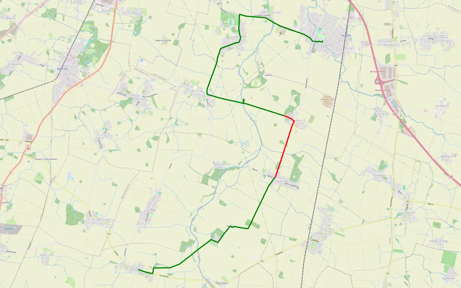 Mapa trasy Żórawina - Przecławice - 10.1 km trasy offroad, Powiat Wrocławski