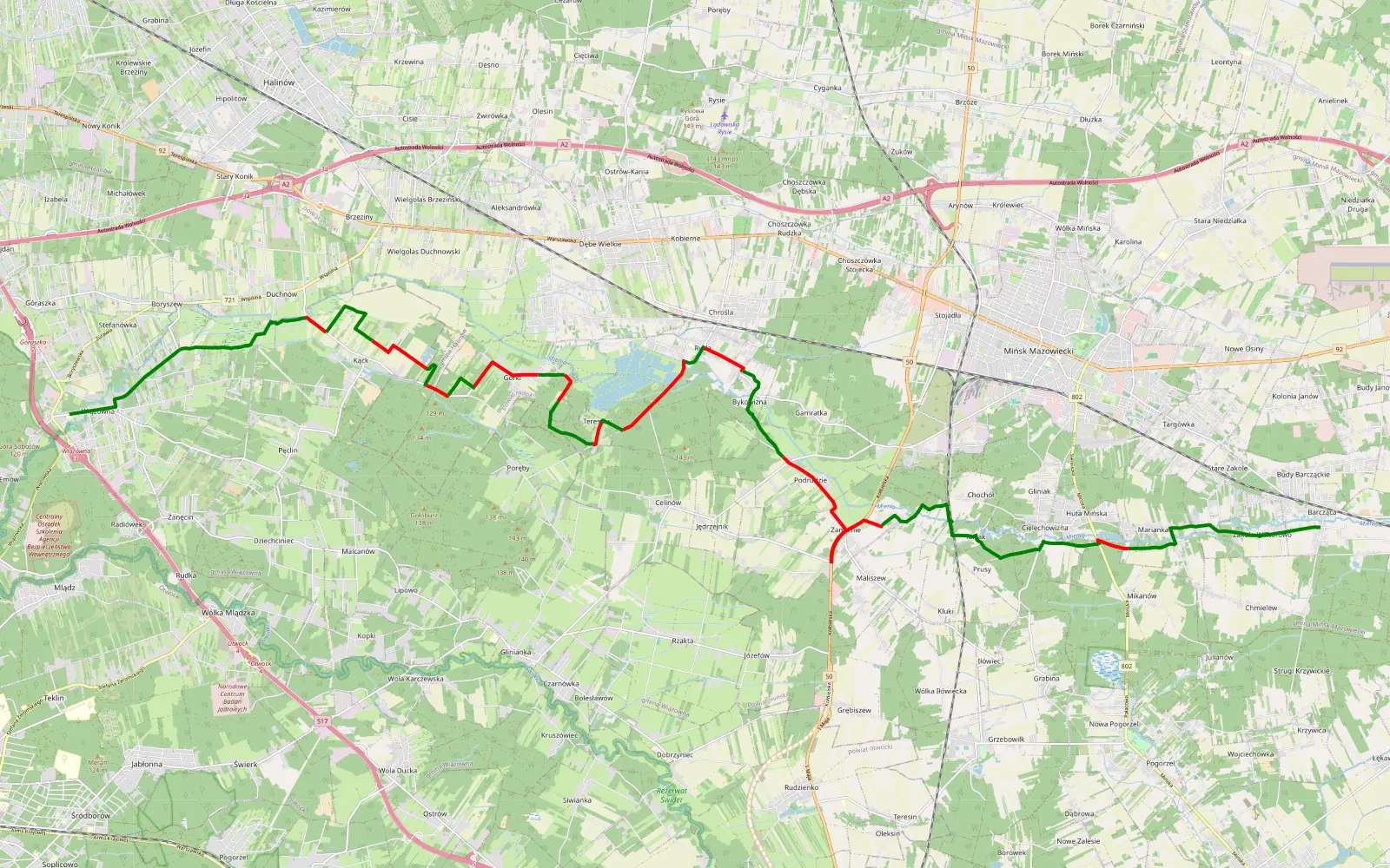 Mapa trasy Wiązowna - Zakole Wiktorowo - 28.8 km trasy offroad, Powiat Miński