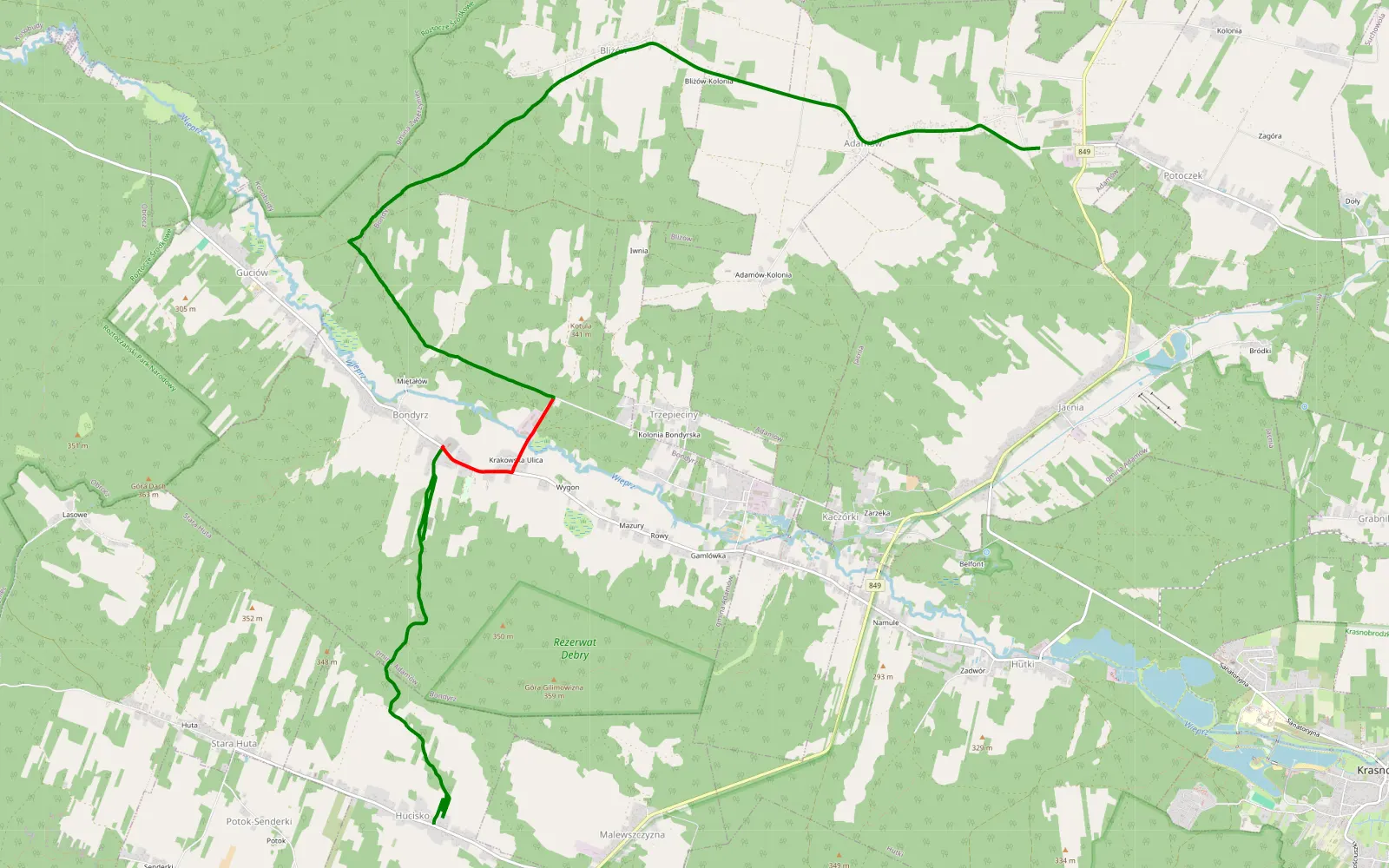Mapa trasy Potoczek - Hucisko - 11.6 km trasy offroad, Powiat Zamojski