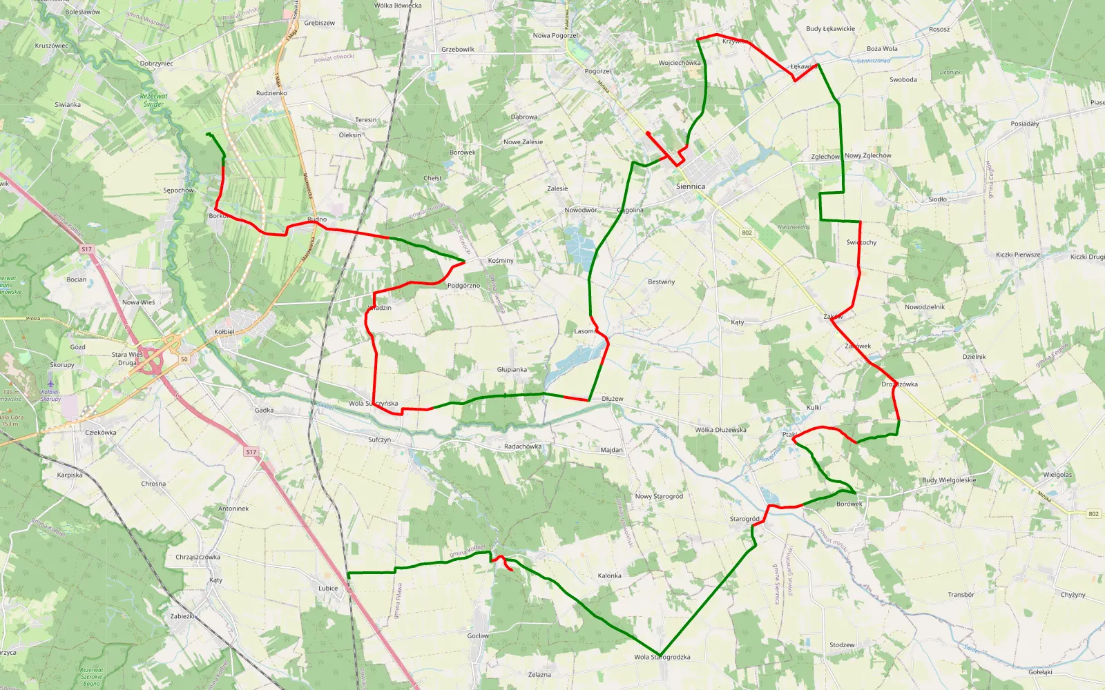 Mapa trasy Lubice - Sępochów - 58.3 km trasy offroad, Powiat Miński