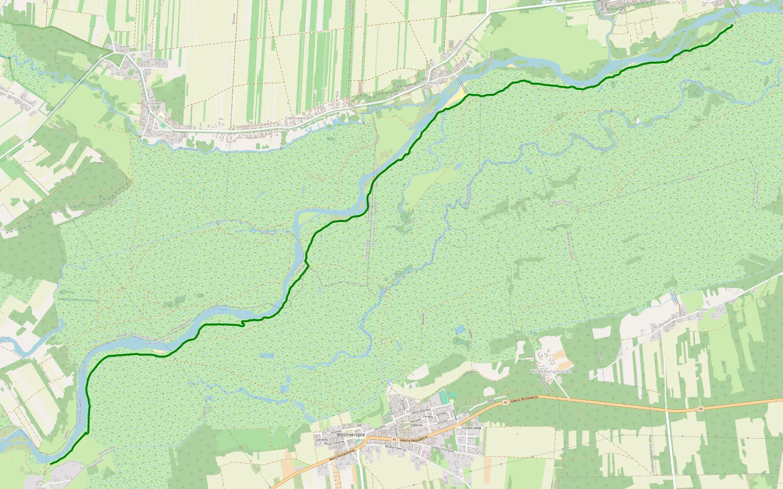 Mapa trasy Przybyszew - Górki powrotna pilica - 9 km trasy offroad, Powiat Białobrzeski
