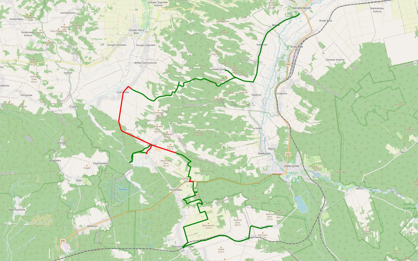 Map of Sochy - Szczebrzeszyn - 27.8 km offroad trail, Biłgoraj County