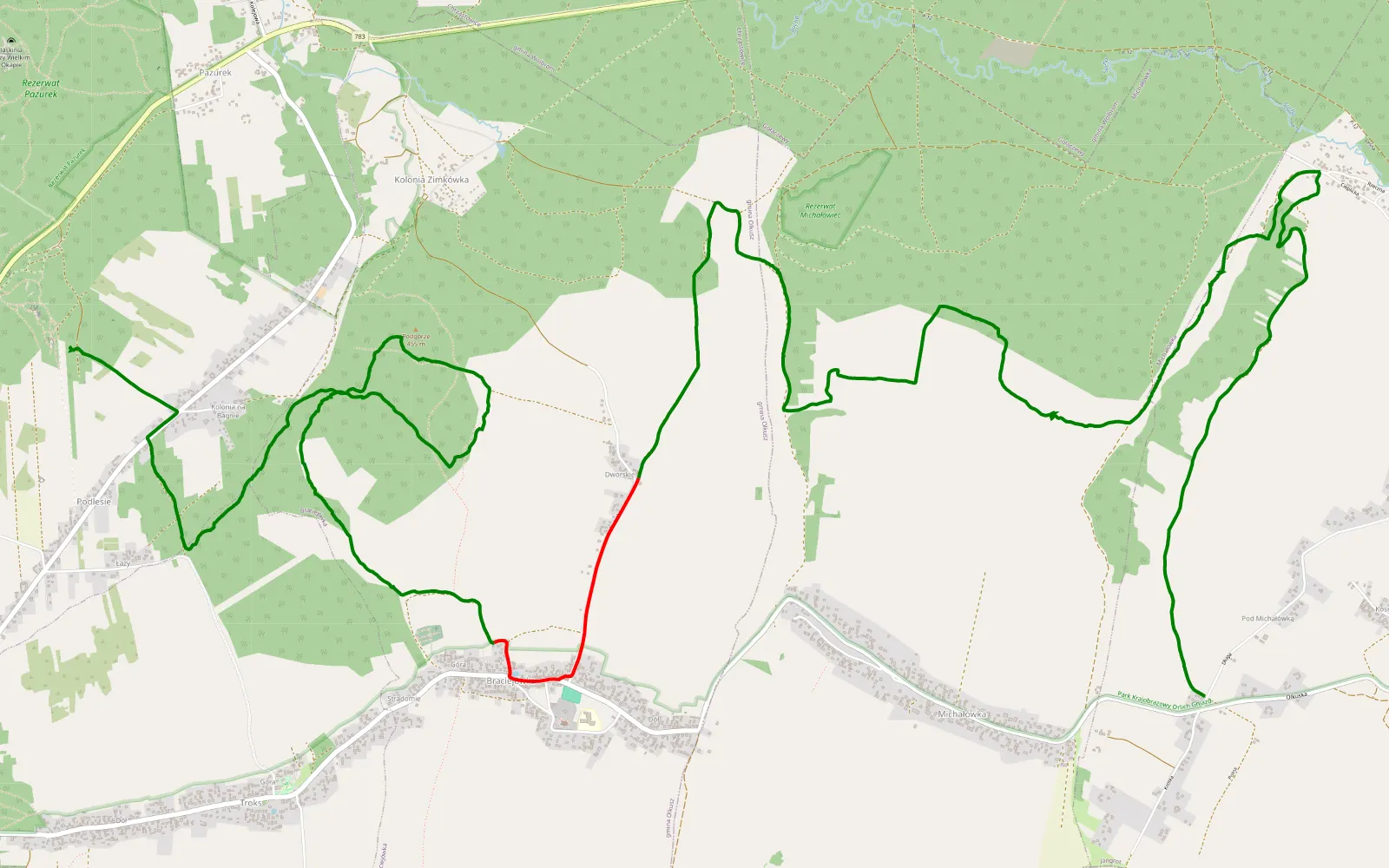 Mapa trasy Podlesie - Pod Michałówka - 18.6 km trasy offroad, Powiat Olkuski