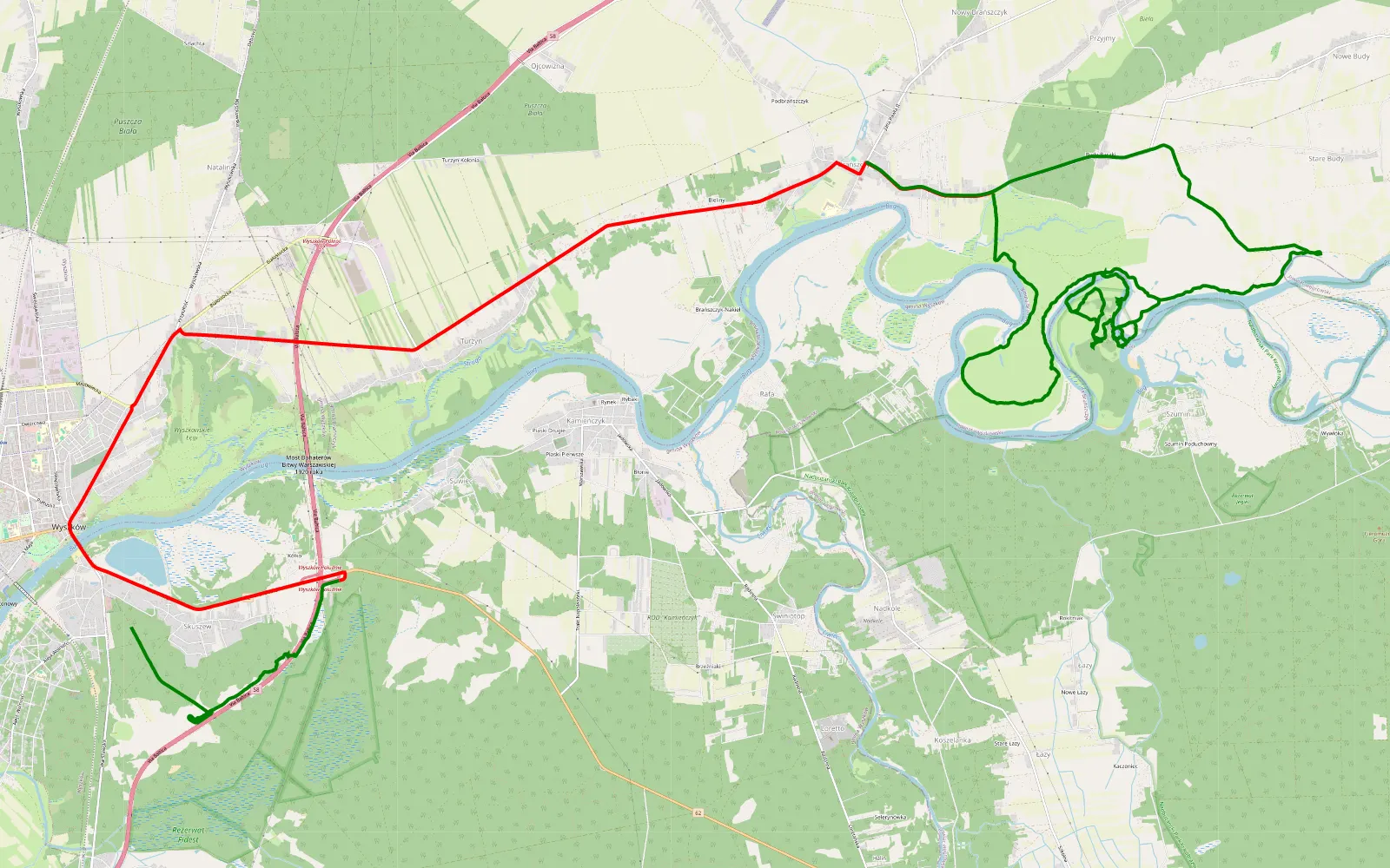 Mapa trasy Rybienko - Szumin - 38.8 km trasy offroad, Powiat Wyszkowski
