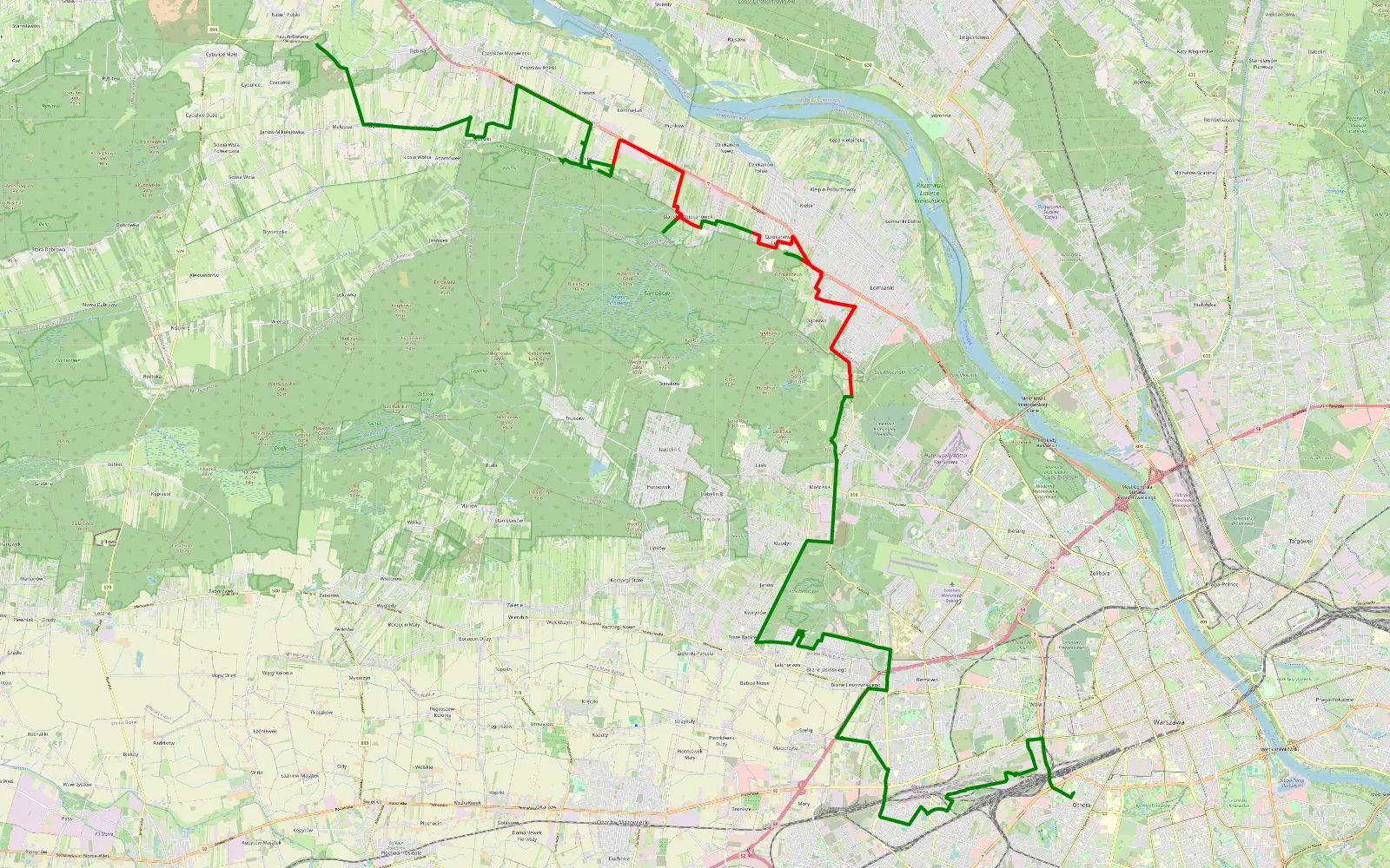 Mapa trasy Stara Ochota - Kazuń Polski - 19.3 km trasy offroad, Powiat Warszawski Zachodni