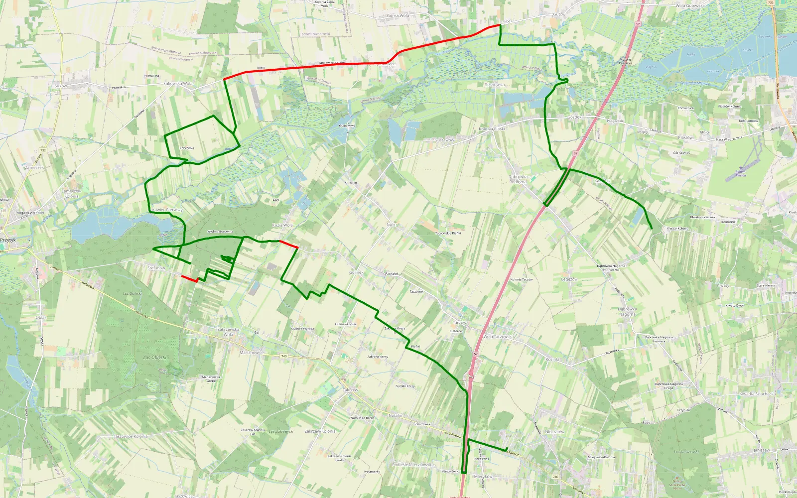 Mapa trasy Dąbrówka Nagórna - Mleczków - 31.2 km trasy offroad, Powiat Radomski