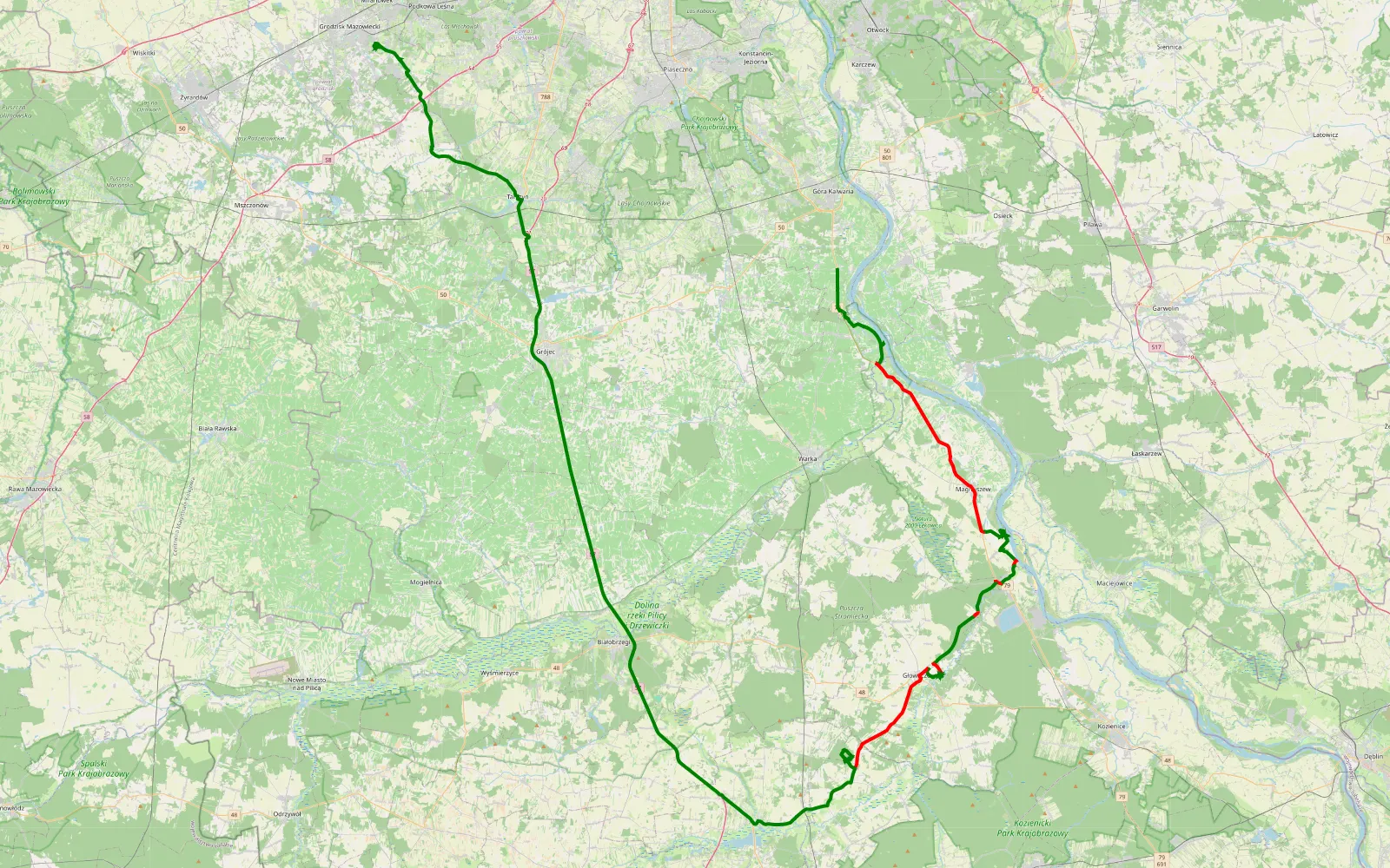 Map of Coniew - Kady - 65.4 km offroad trail, Kozienice County