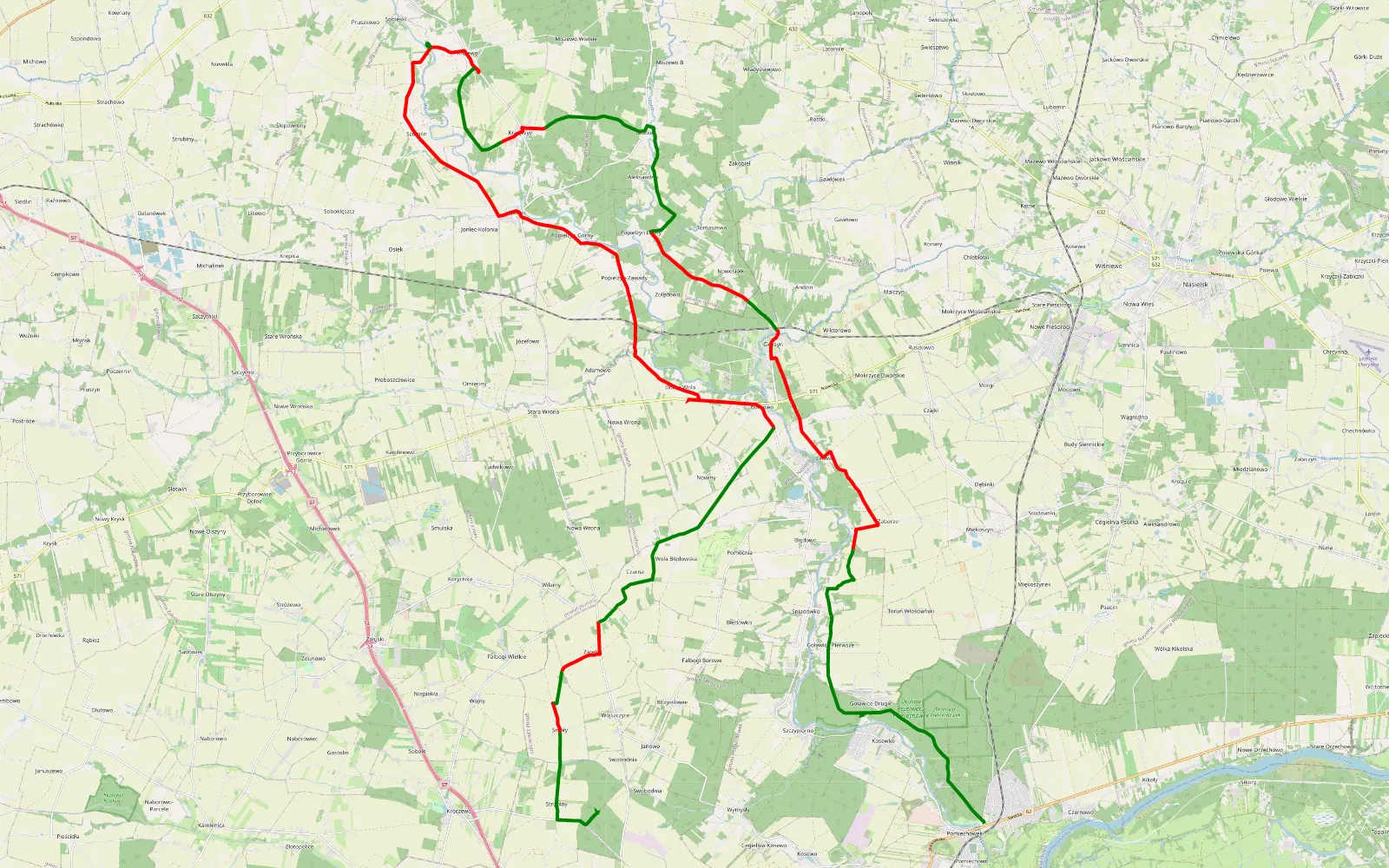 Mapa trasy Pieczołogi - Księża Góra - 50.6 km trasy offroad, Powiat Nowodworski