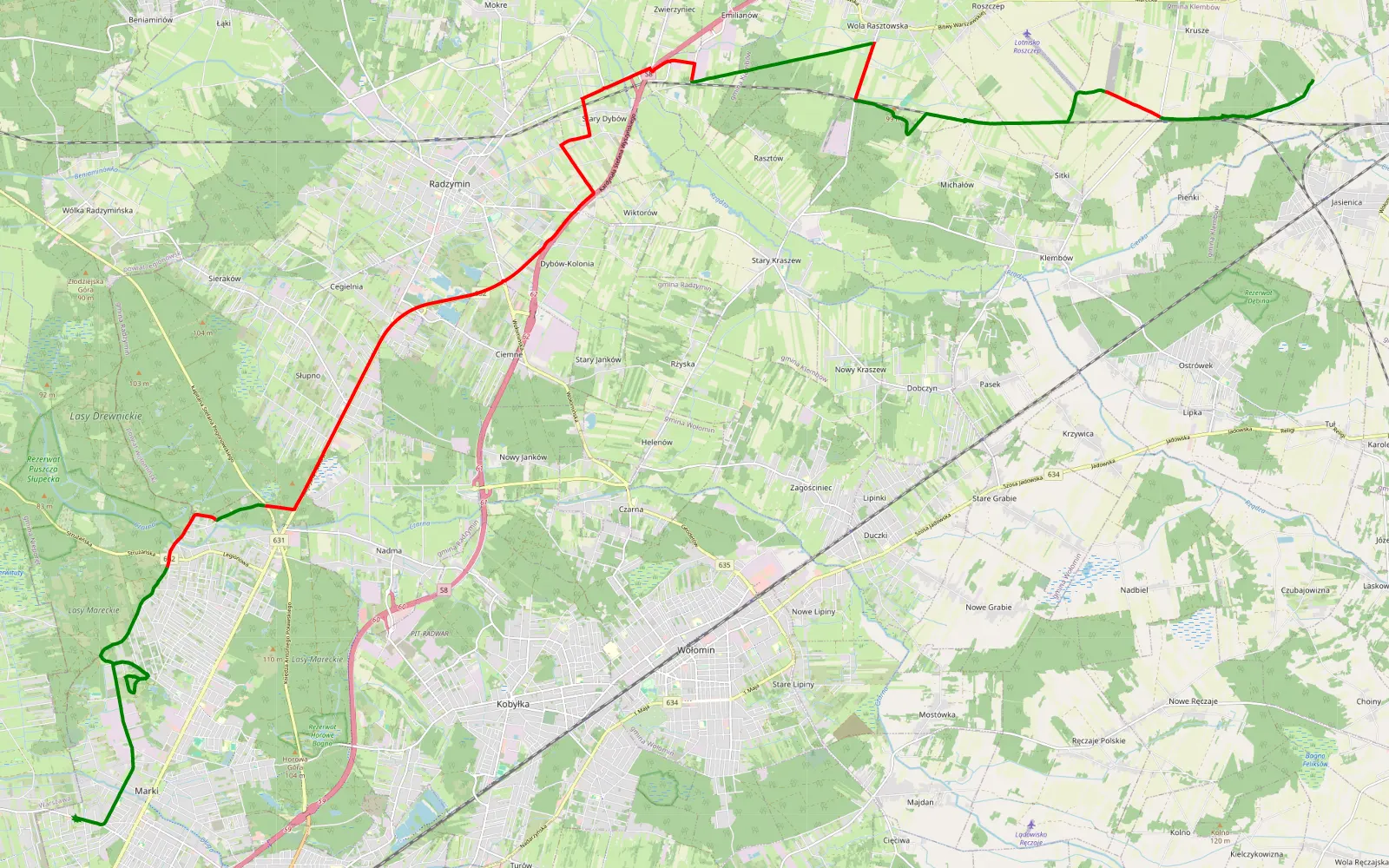 Mapa trasy Krusze - Grodzisk Górka myjnia - 30.5 km trasy offroad, Powiat Wołomiński
