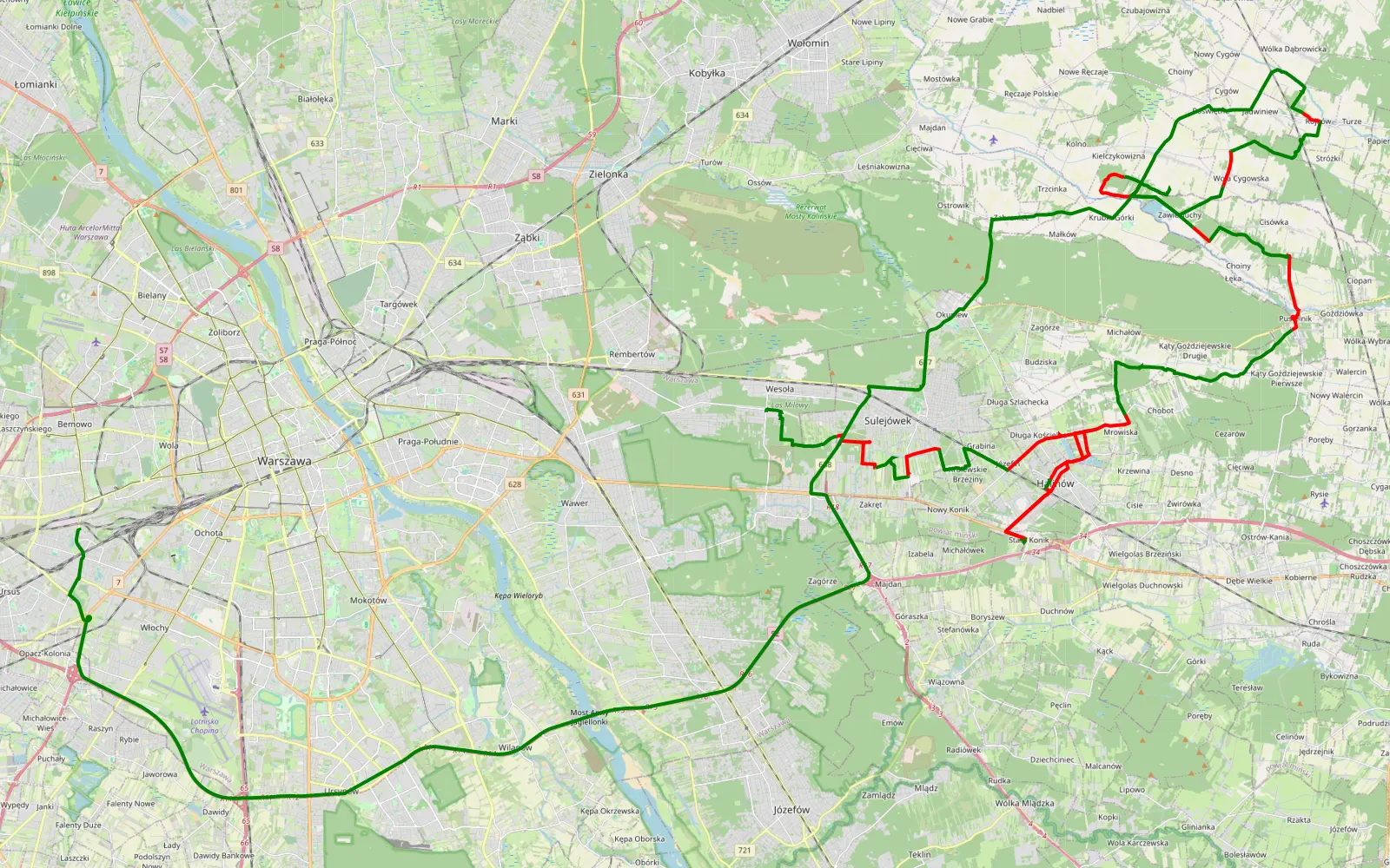 Mapa trasy Wesoła-Centrum - Chrzanów Nowy - 62.9 km trasy offroad, Powiat Miński