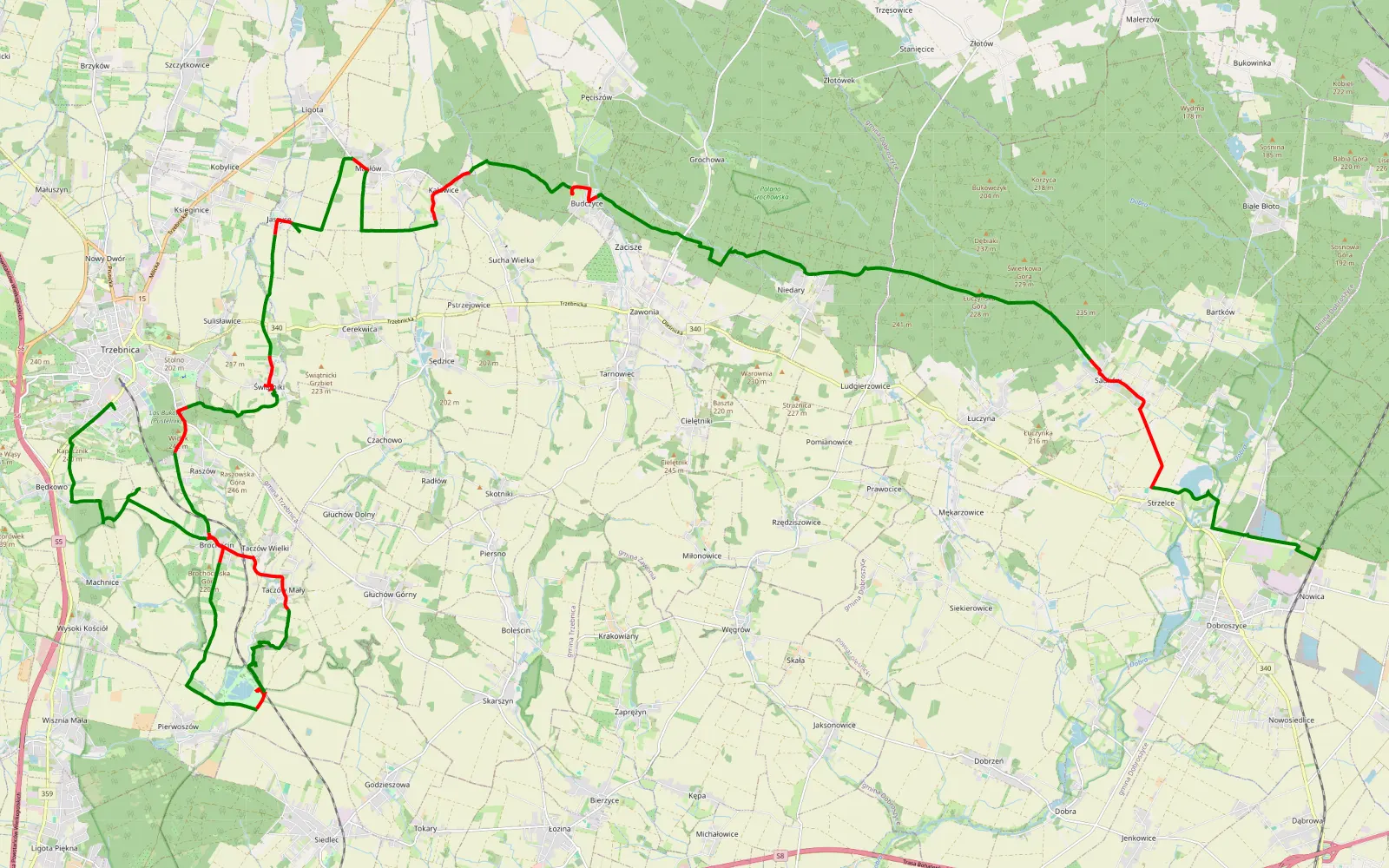Mapa trasy Trzebnica - Nowica - 49.7 km trasy offroad, Powiat Trzebnicki