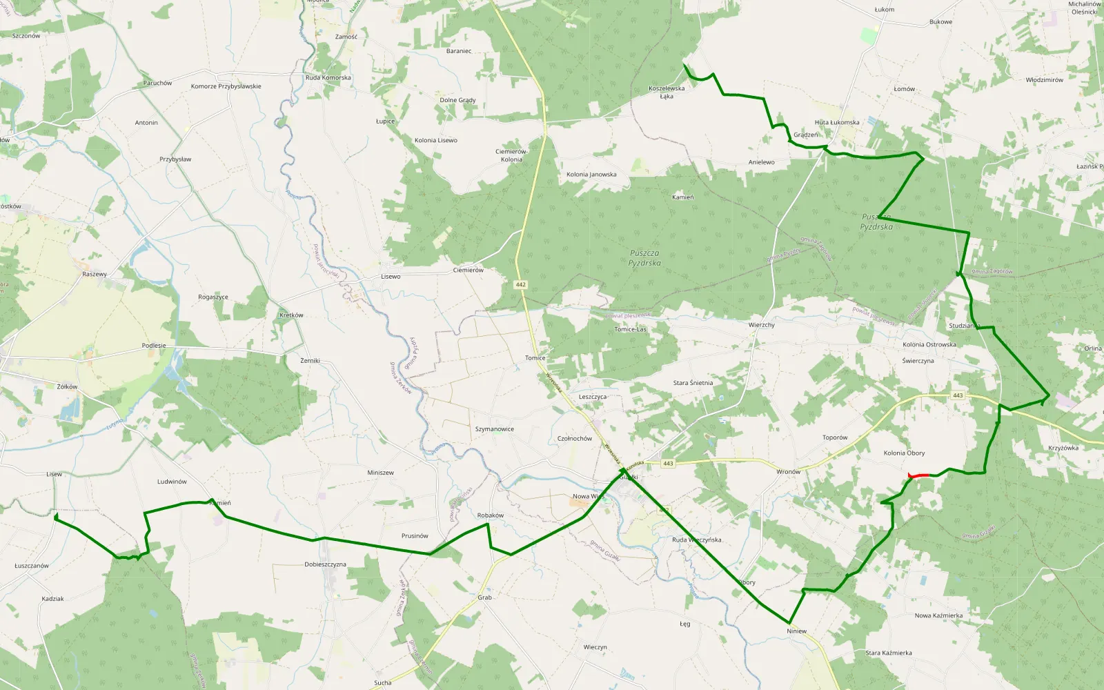 Map of Koszelewska Łąka - Łuszczanów - 24.2 km offroad trail, Pleszew County