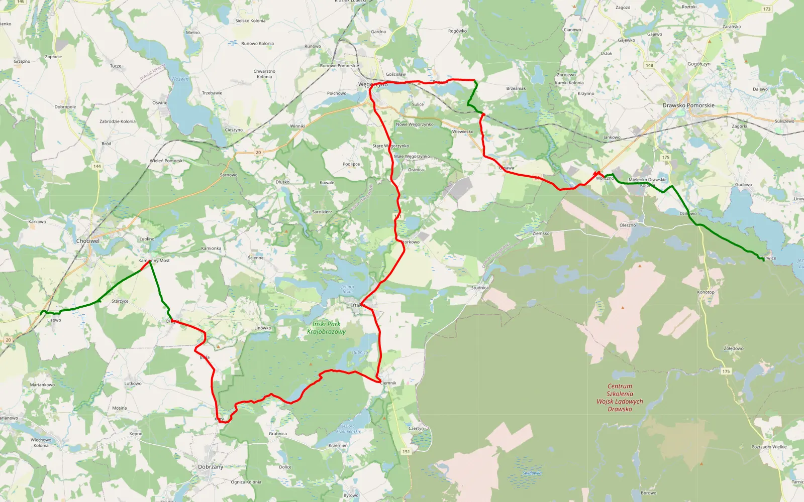 Map of Lisowo - Karwice - 67.2 km offroad trail, Łobez County