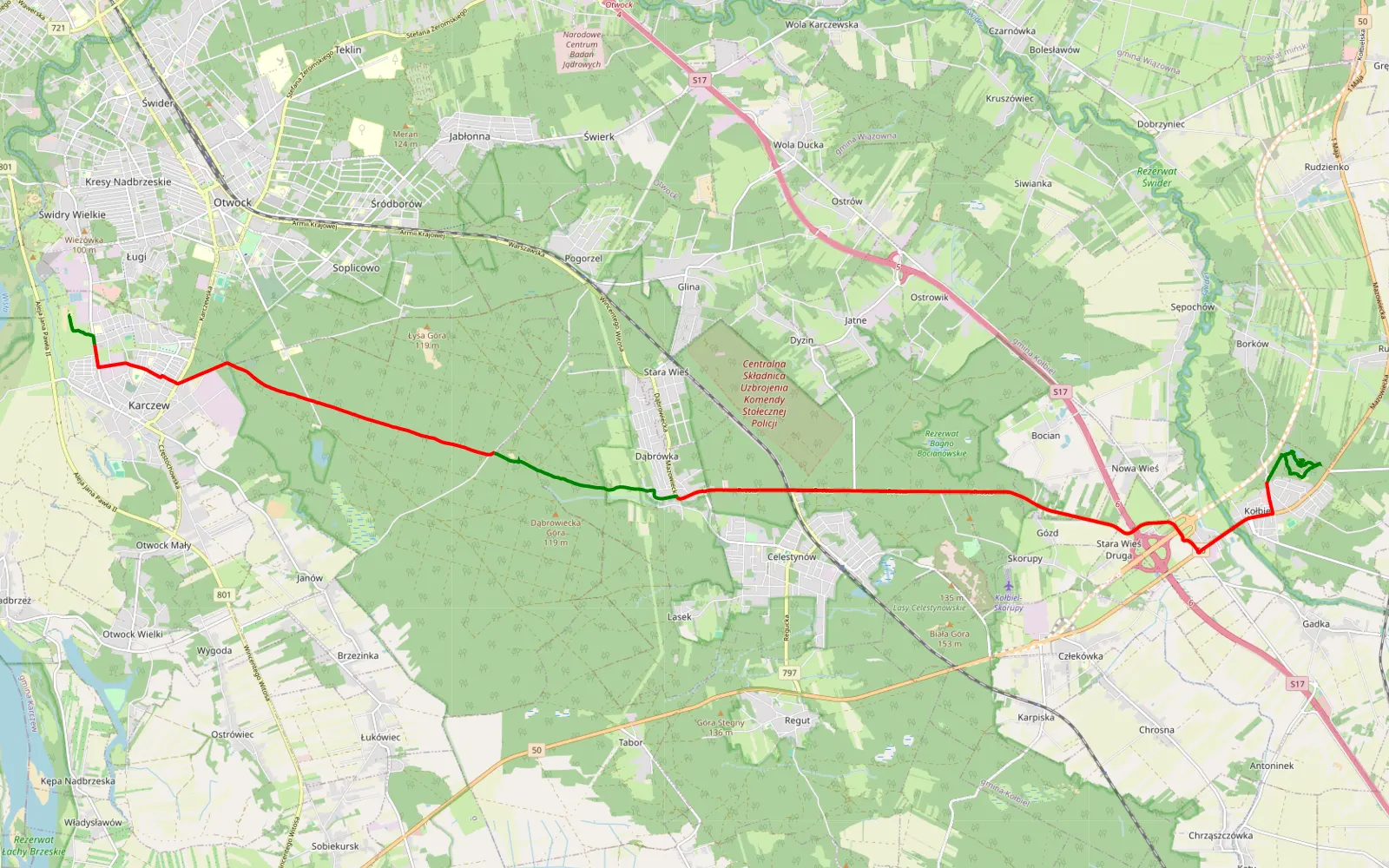 Map of Przewóz - Kołbiel - 21.6 km offroad trail, Otwock County