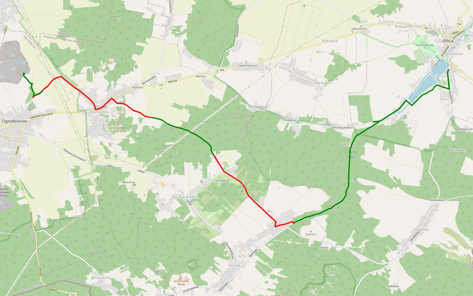 Mapa trasy Pilica - Ogrodzieniec - 12.3 km trasy offroad, Powiat Zawierciański