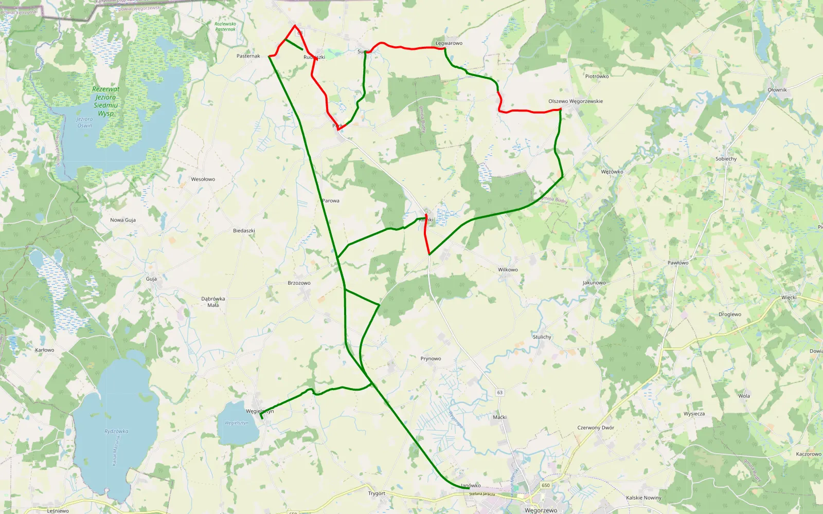 Mapa trasy Węgorzewo - Węgielsztyn - 42.3 km trasy offroad, Powiat Węgorzewski