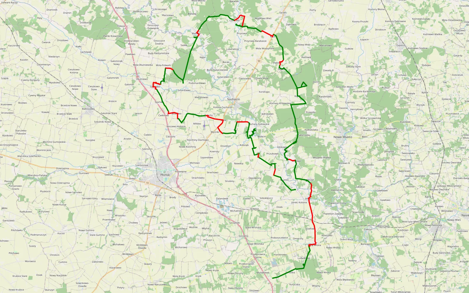 Mapa trasy Szlakiem wierzb 26 + dodatek - 94.7 km trasy offroad, Powiat Płoński