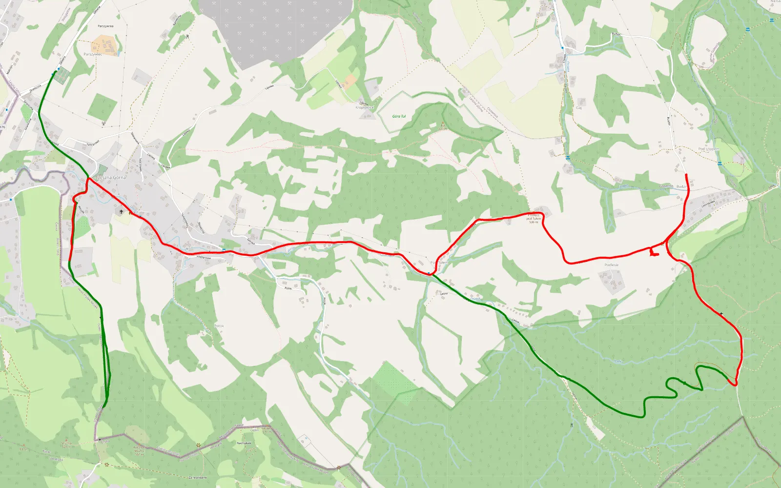 Mapa trasy Leszna Górna 50/50 asfalt/szutry - 9.5 km trasy offroad, Powiat Cieszyński