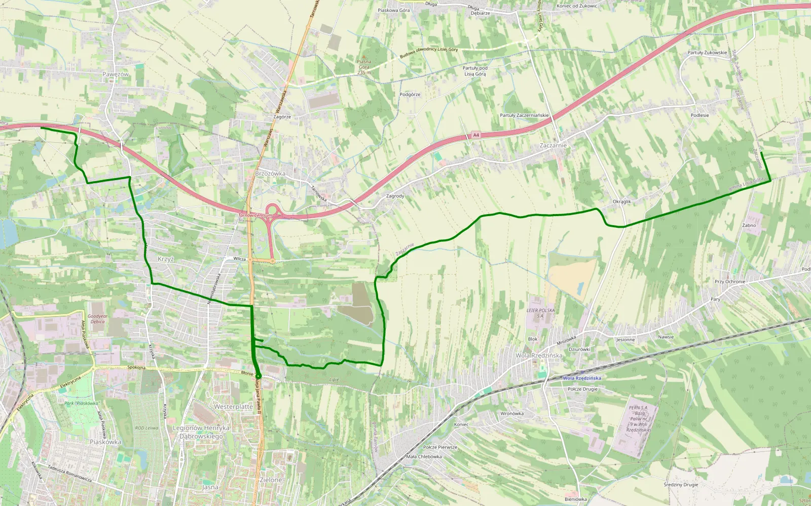 Mapa trasy Pawężów - Jodłówka - 6.9 km trasy offroad, Powiat Tarnowski