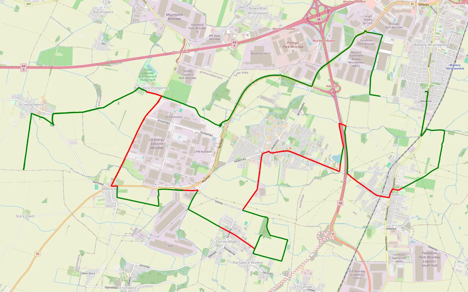 Mapa trasy Bielany Wrocławskie - 29 km trasy offroad, Powiat Wrocławski