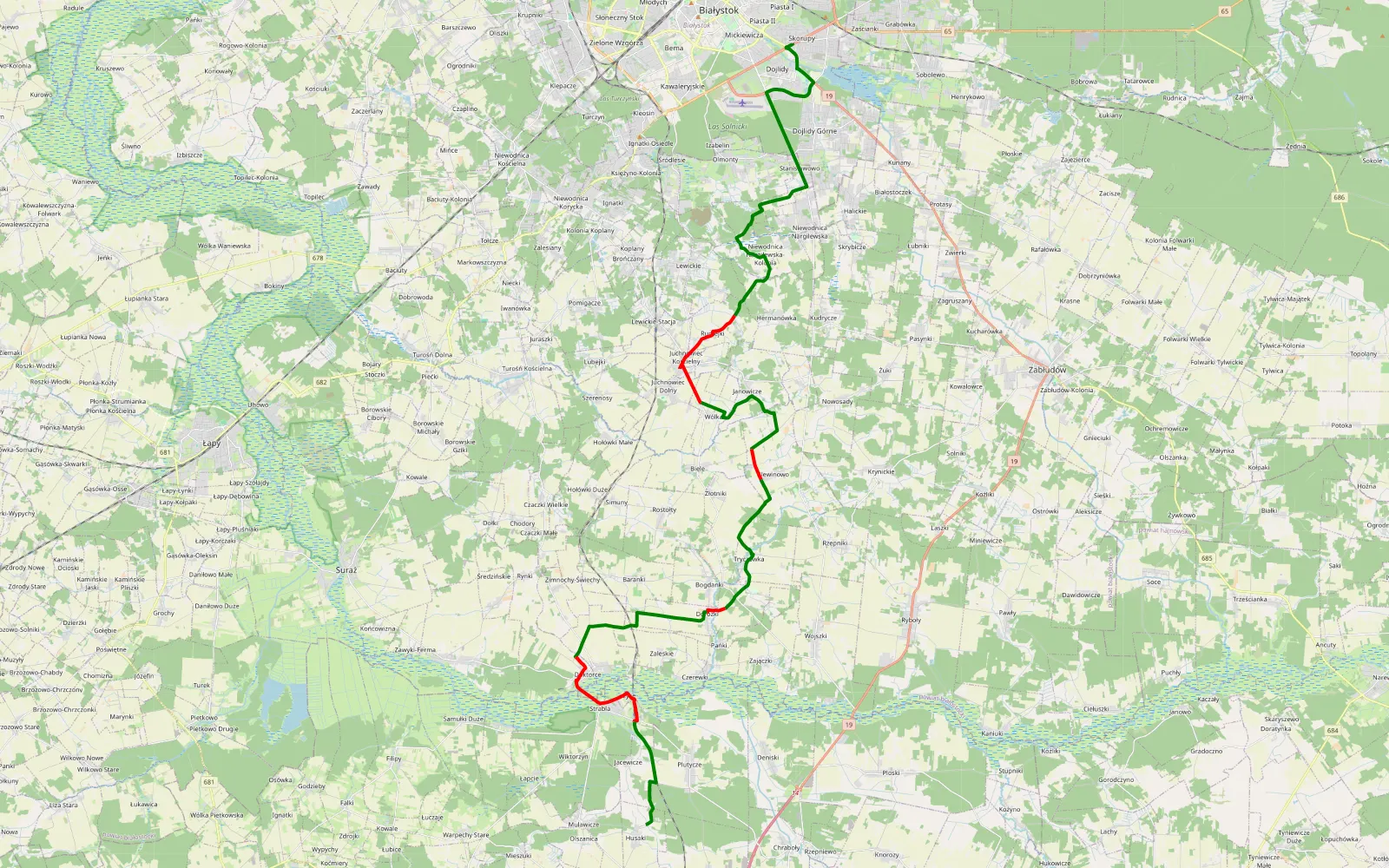 Mapa trasy Skorupy - Husaki - 41.1 km trasy offroad, Powiat Białostocki