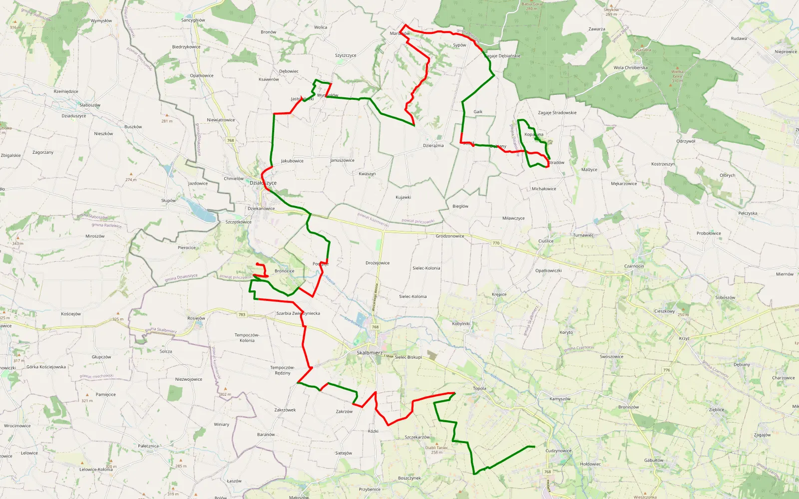 Map of Cudzynowice - Stradów - 53.7 km offroad trail, Kazimierza County