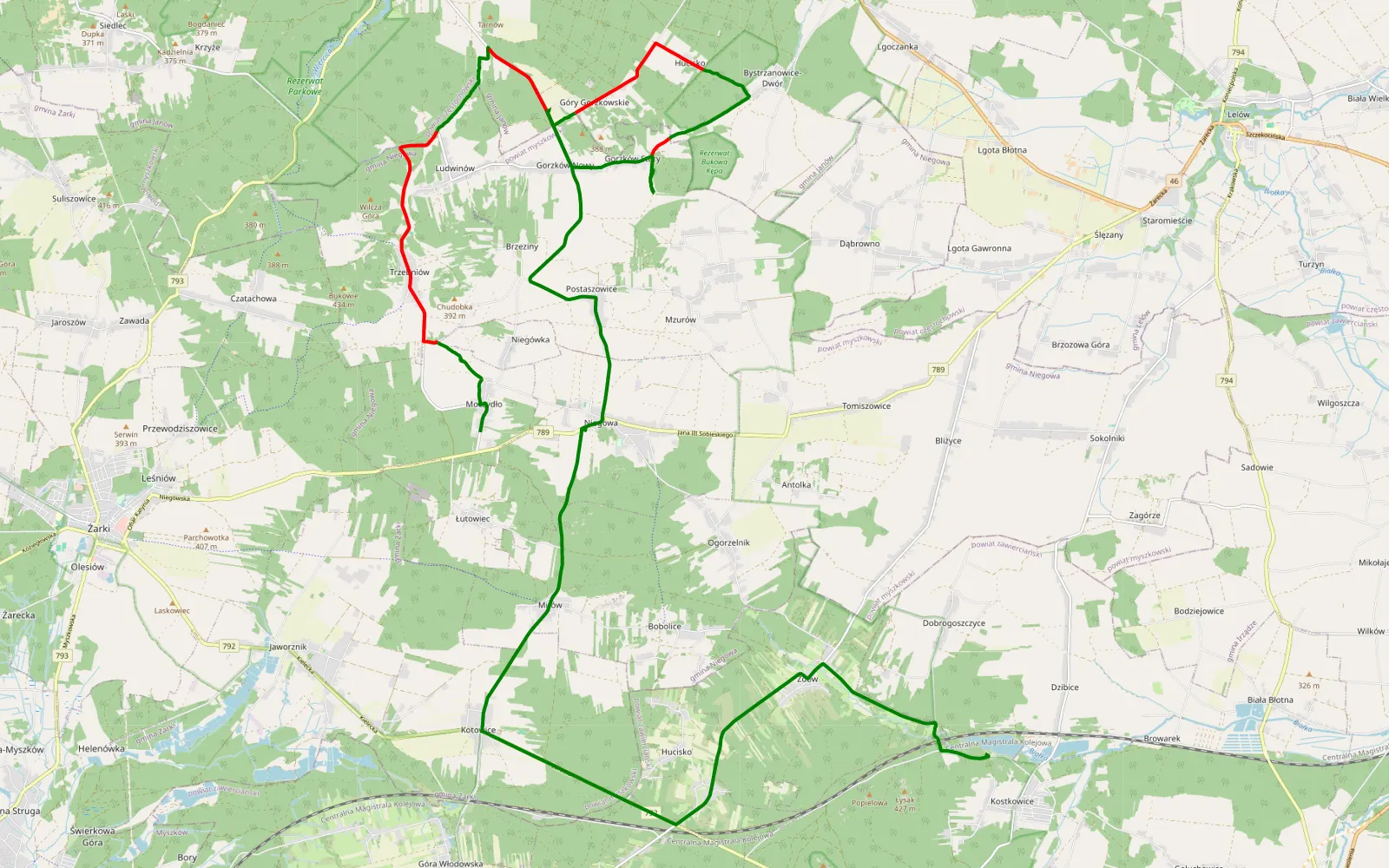 Mapa trasy Moczydło - Kostkowice 9.11.2025 - 16 km trasy offroad, Powiat Częstochowski