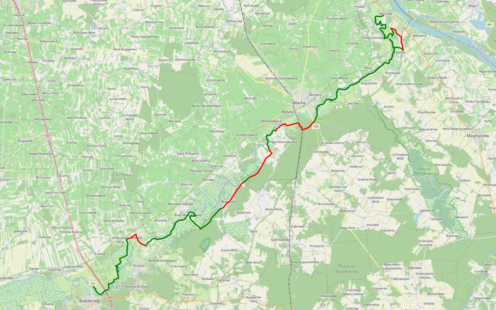 Map of Białobrzegi - Mniszew - 52.9 km offroad trail, Kozienice County